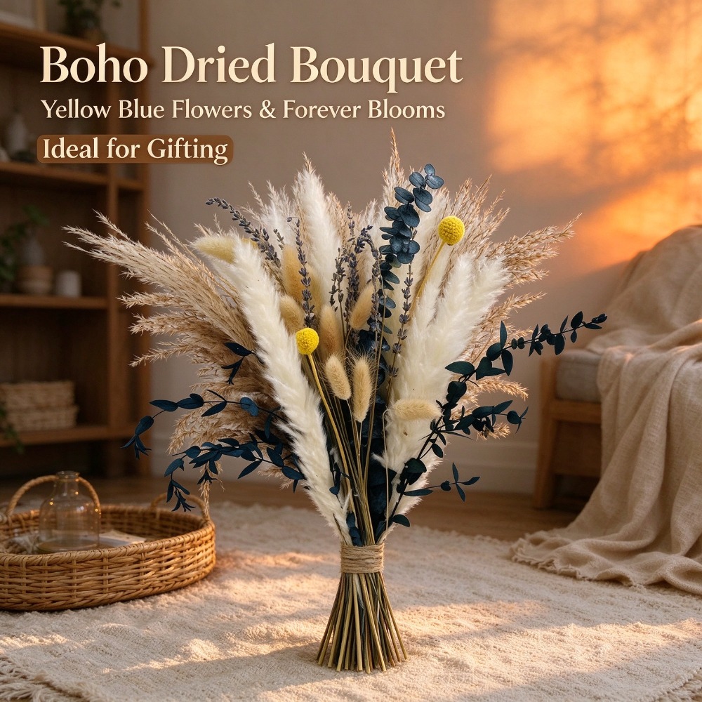 Pampas Grass Decor - パムパスグラスのドライフラワーを使った花束。金色の球状のユーカリ、ラベンダー、そしてバニーテールグラスと組み合わせて、リビングの装飾に最適です。