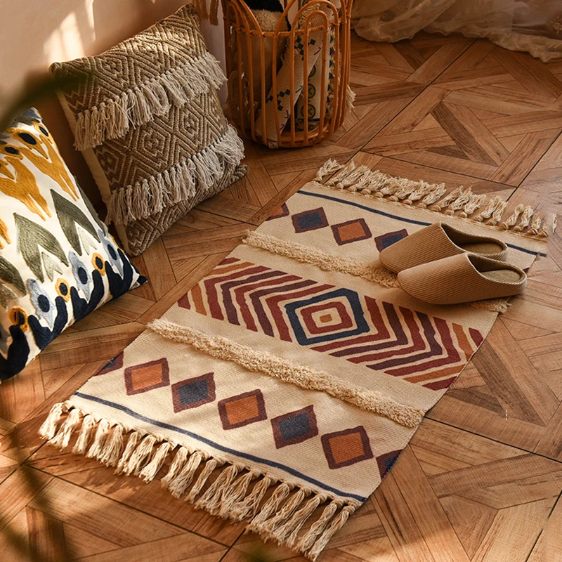 Linen Table Runner - 60x90cmのレトロなボヘミアン風手織りタッセルカーペット。リビング、窓辺、ベッドサイド、テーブルランナー、玄関マットとして、またインテリアとしてご使用いただけます。