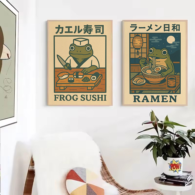日本のレトロな面白いカエルが麺を食べるキャンバスプリントポス - Home Decor Y2K のレビューと価格