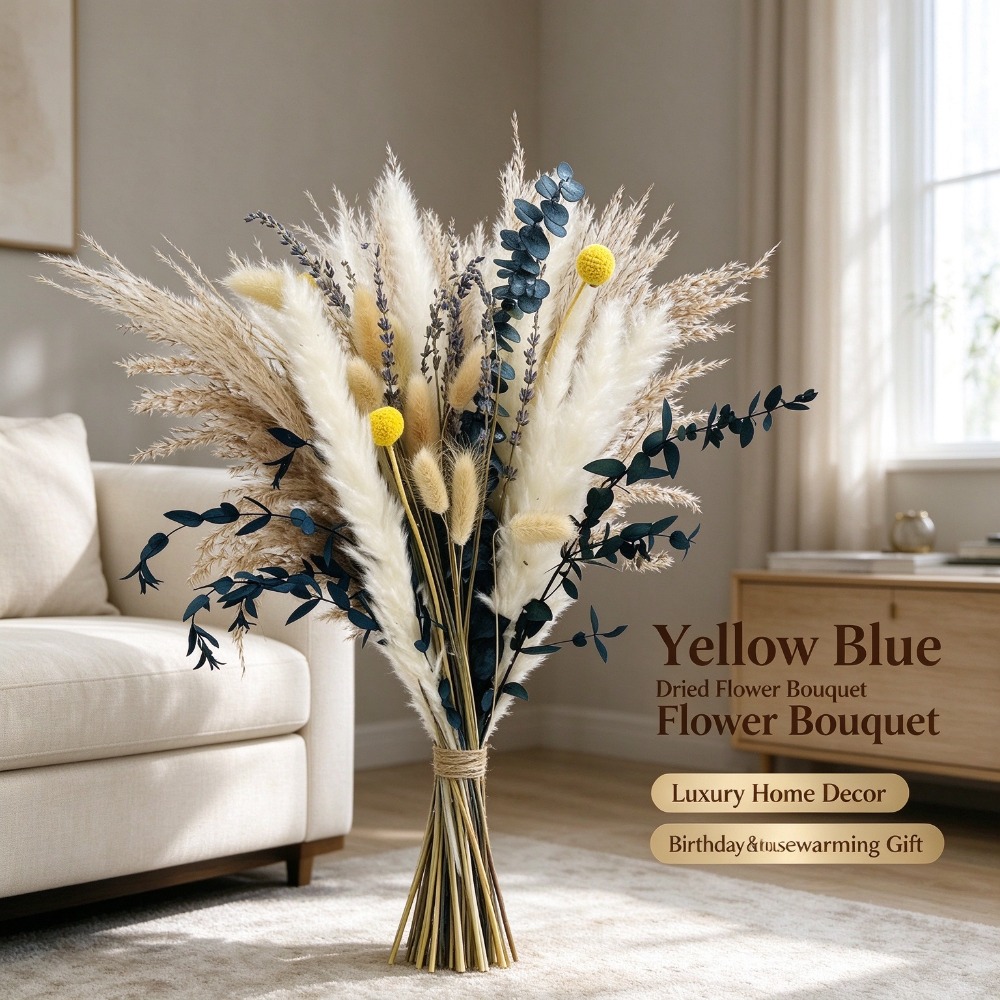 パムパスグラスのドライフラワーを使った花束。金色の球状のユー - Pampas Grass Decor のレビューと価格