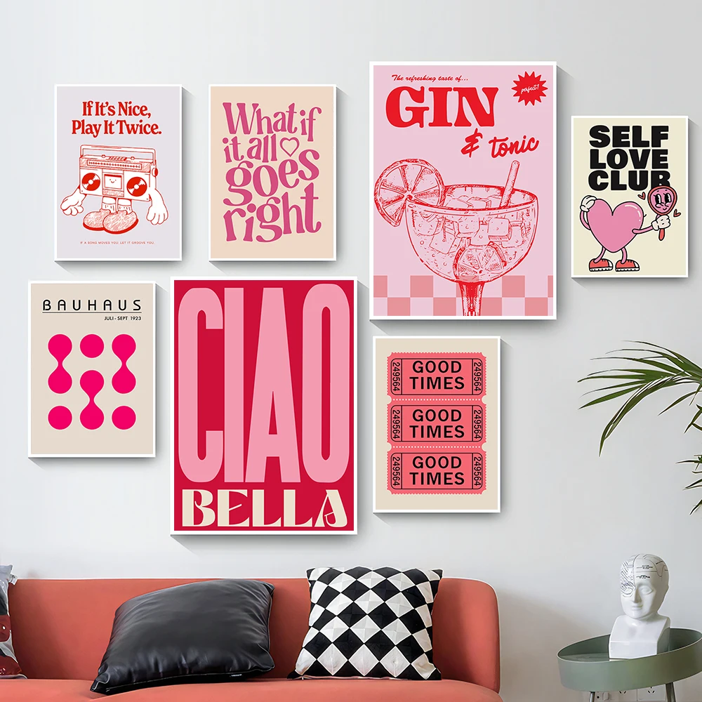 シンプルさヴィンテージピンク漫画プリントキャンバスポスター壁 - Home Decor Y2K のレビューと価格
