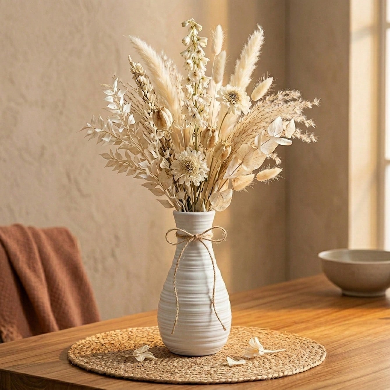 1個入り、ボヘミアン調の横長の装飾が施された花瓶。ジュートの - Pampas Grass Decor のレビューと価格
