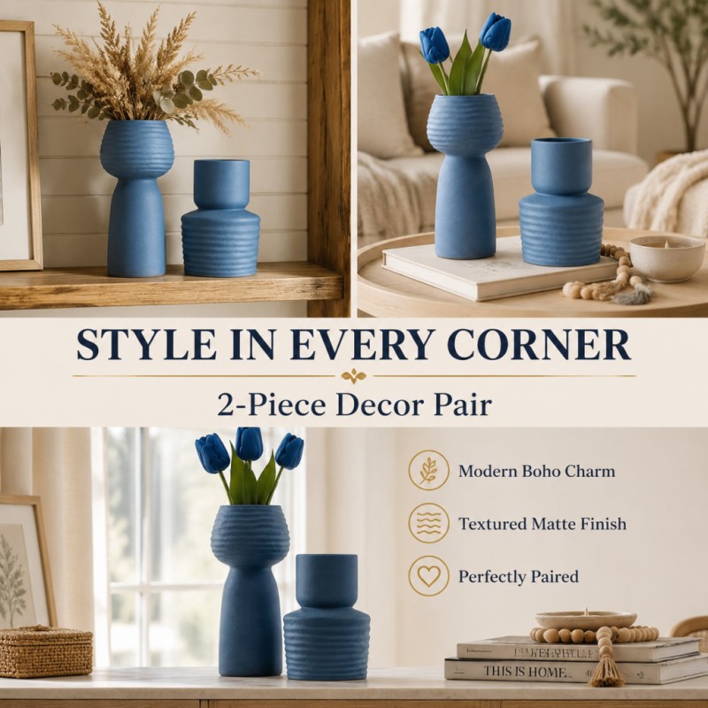 2個セット ラフウェーブテクスチャブルー花瓶セット マットP - Pampas Grass Decor のレビューと価格
