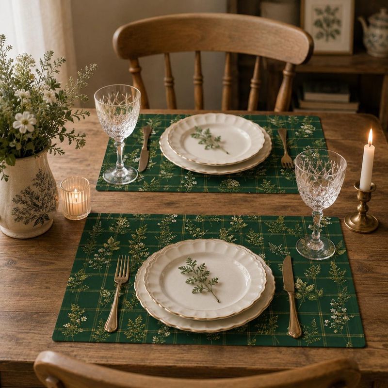 VIKAMA ダークグリーンのチェック柄、白い花柄のヴィンテ - Linen Table Runner のレビューと価格