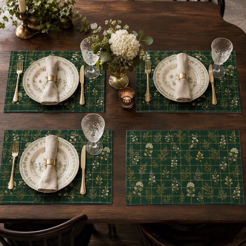 VIKAMA ダークグリーンのチェック柄、白い花柄のヴィンテ - Linen Table Runner のレビューと価格