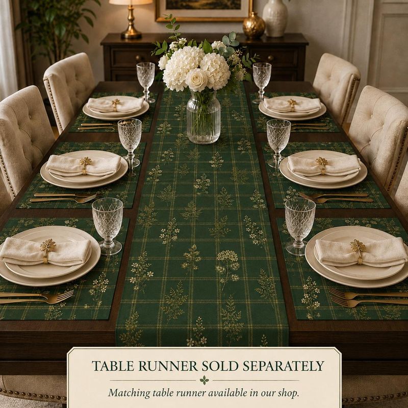 VIKAMA ダークグリーンのチェック柄、白い花柄のヴィンテ - Linen Table Runner のレビューと価格