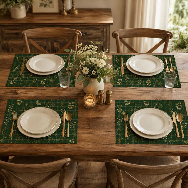 VIKAMA ダークグリーンのチェック柄、白い花柄のヴィンテ - Linen Table Runner のレビューと価格